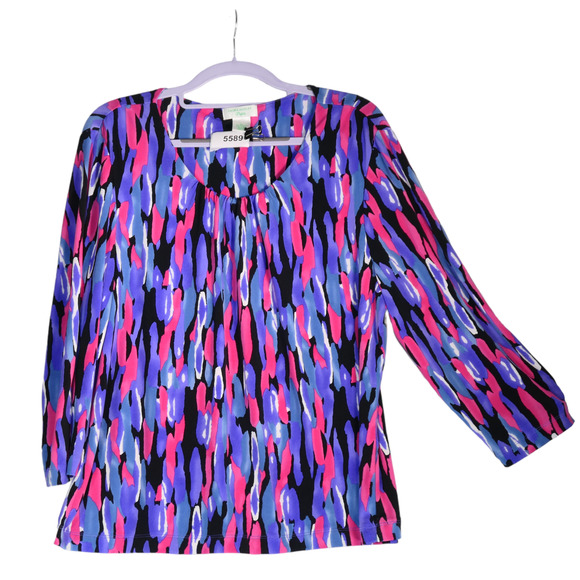 Laura Ashley Blouse Womens Petite Large PL Purple Pink Abstract Stretch Boho - Picture 1 of 6